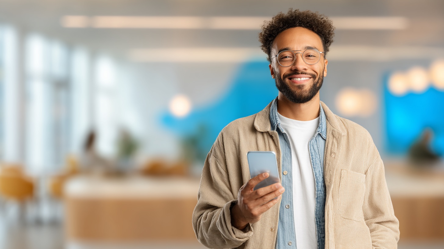 A clean, modern image showing a diverse person (e.g., a young professional, mixed ethnicity, confident expression) happily holding a smartphone or tablet with a successful 'pre-approved' message on the screen. The background is a soft, blurred representation of a vibrant, approachable dealership finance office, featuring contemporary design elements. The overall feel is optimistic, easy, and tech-savvy, emphasizing accessibility for all credit types. Professional lighting, high resolution. --ar 16:9 --raw --v 7 Job ID: cf3251f7-4875-486d-bb1f-325b51d4ca98